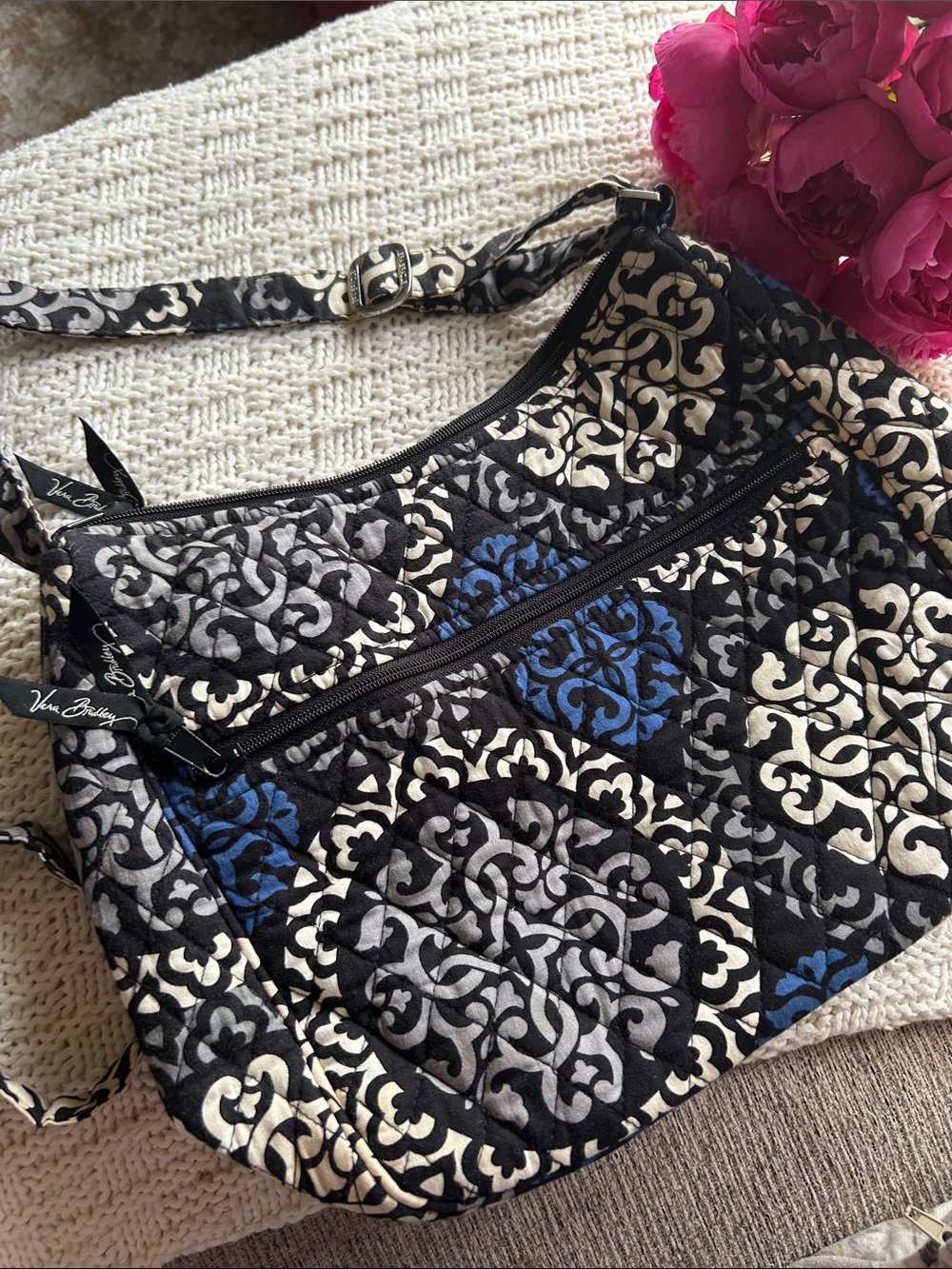 Vera Bradley Black, Cream & Blue Quilted Crossbody with Pattern